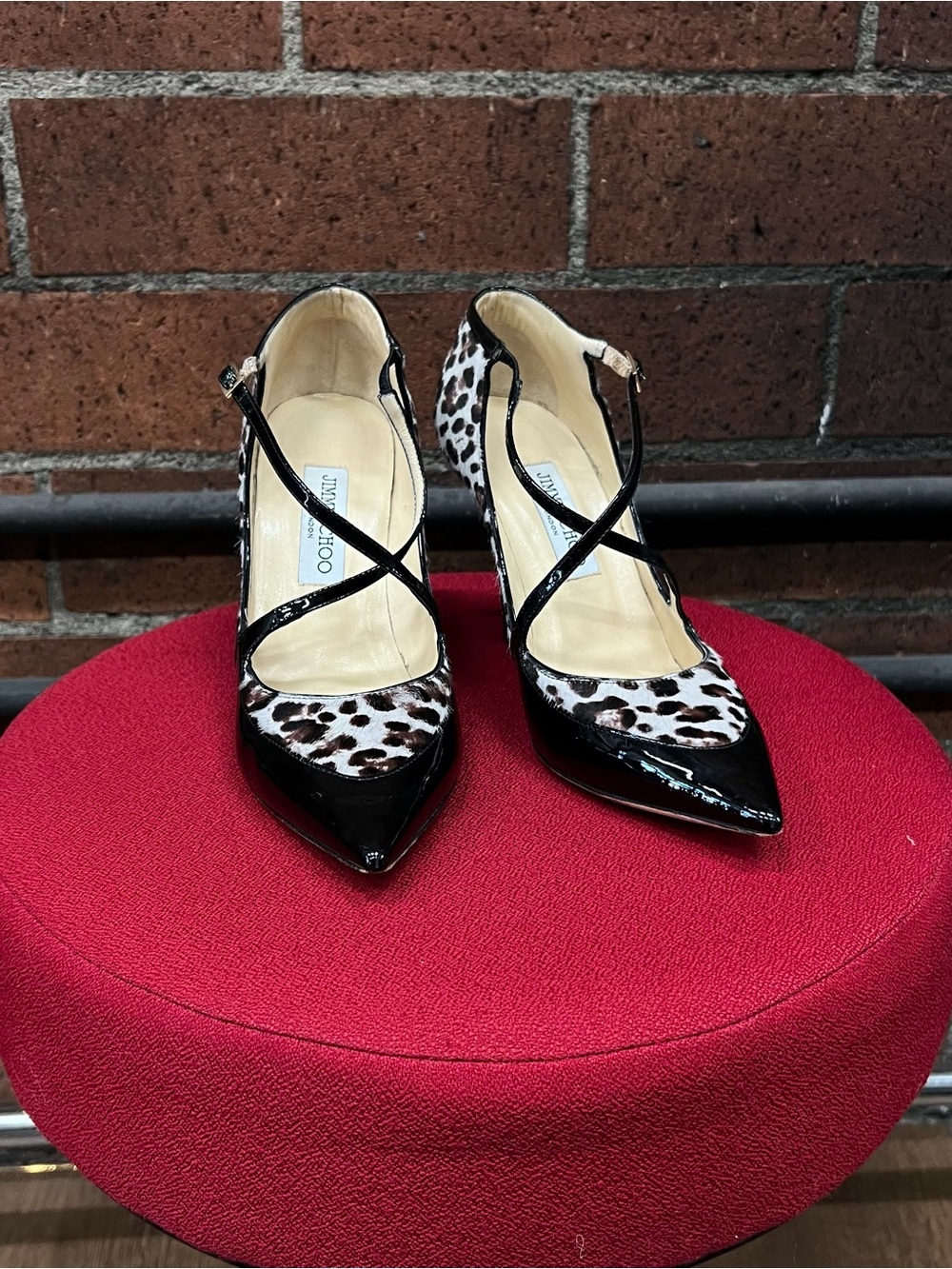 Rare Jimmy Choo Leopard Print Patent Leather & Calf Hair Pumps